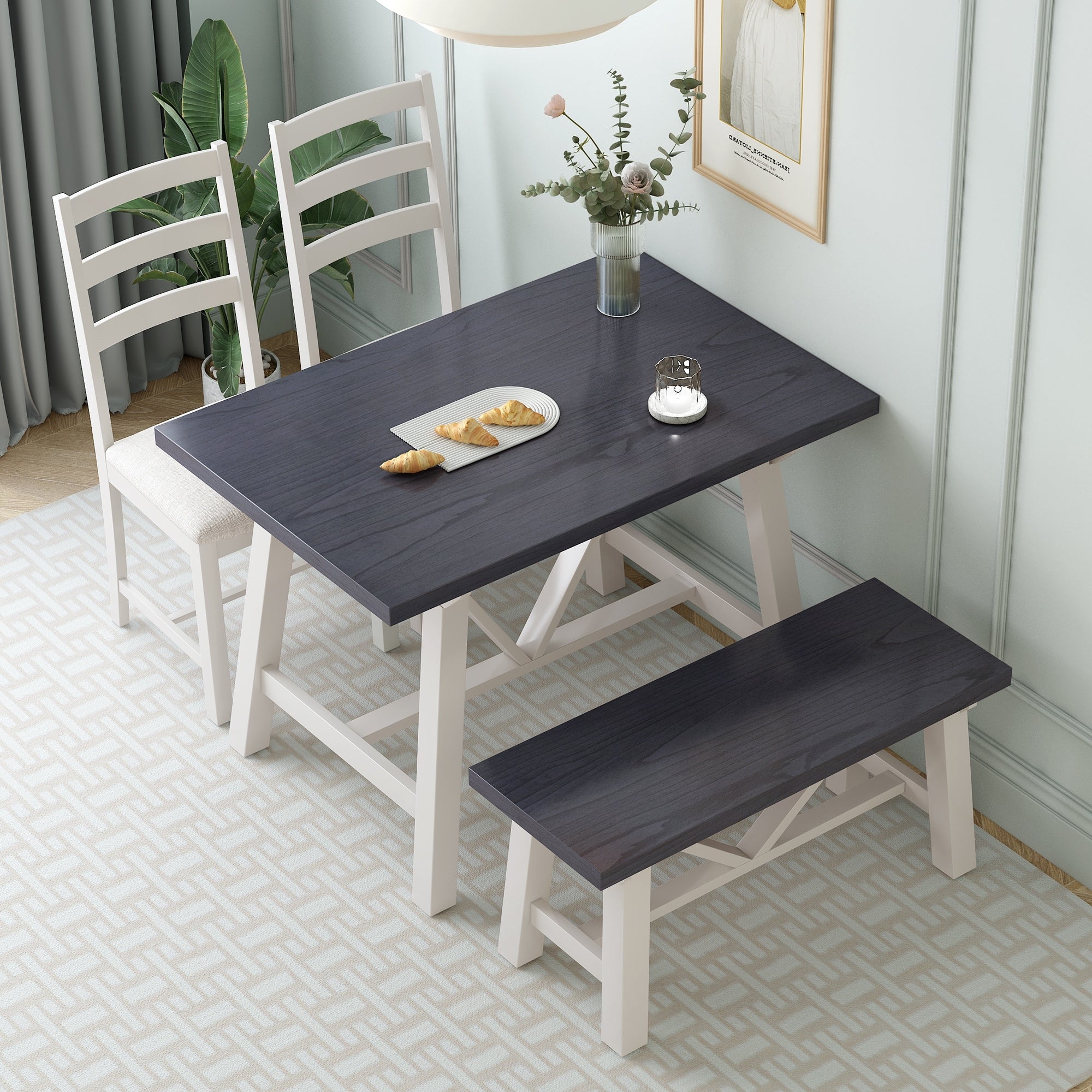 4-Piece Farmhouse Dining Table Set, Solid Wood Kitchen Furniture, Rect ...