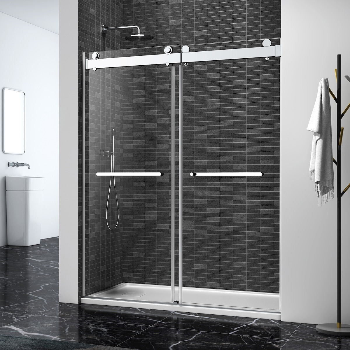 72*76" Double Sliding Frameless Shower Door Brushed Nickel With Buffer ...