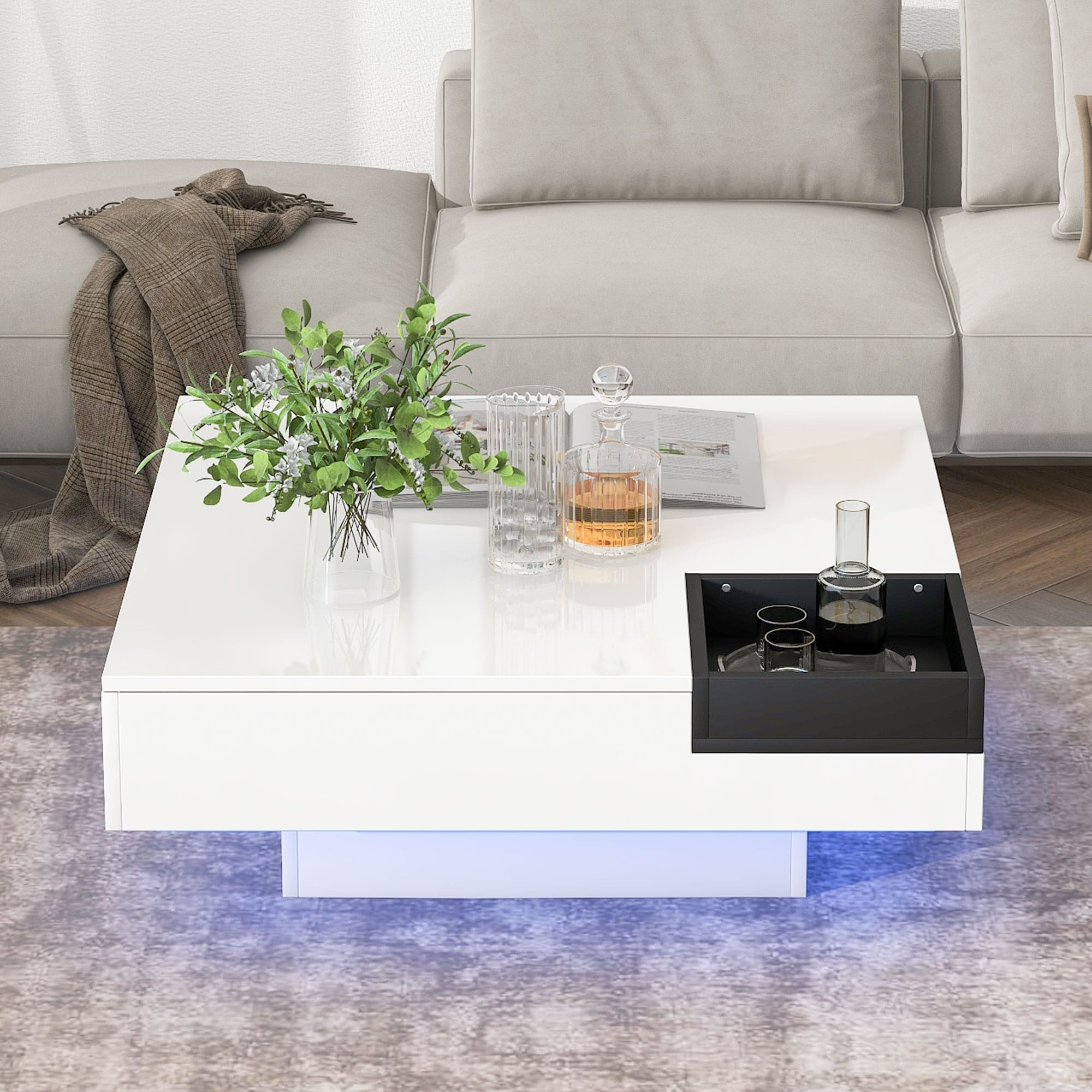 Coffee Table with Detachable Tray and Plug-In 16-Color Led Strip Light ...