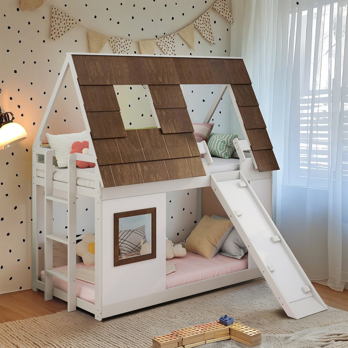 Cozy and Fun Wood Twin Size House Bunk Bed with Window Roof Shape Desi ...