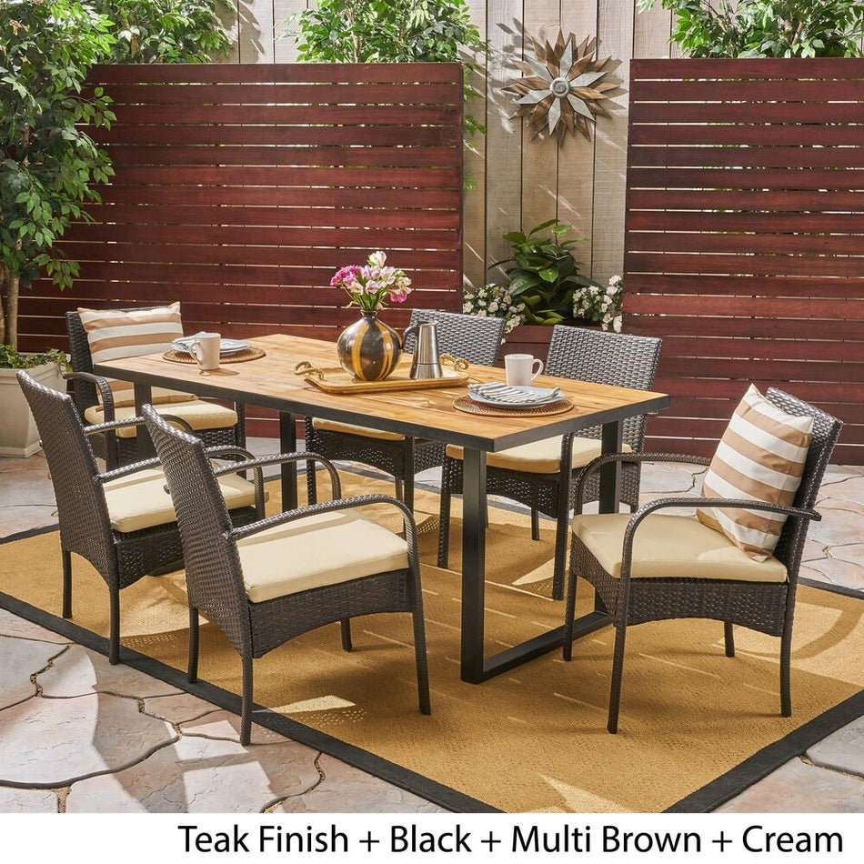 Heron Outdoor 6-Seater Rectangular Acacia Wood and Wicker Dining Set by Christopher Knight Home