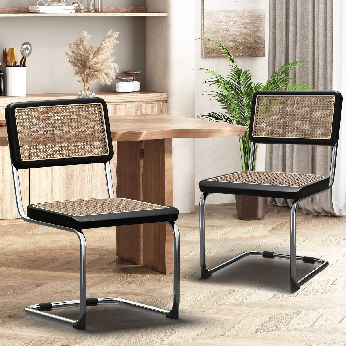 Dining Chairs Set of 2, Upholstered Natural Rattan Kitchen Chairs, Arm ...