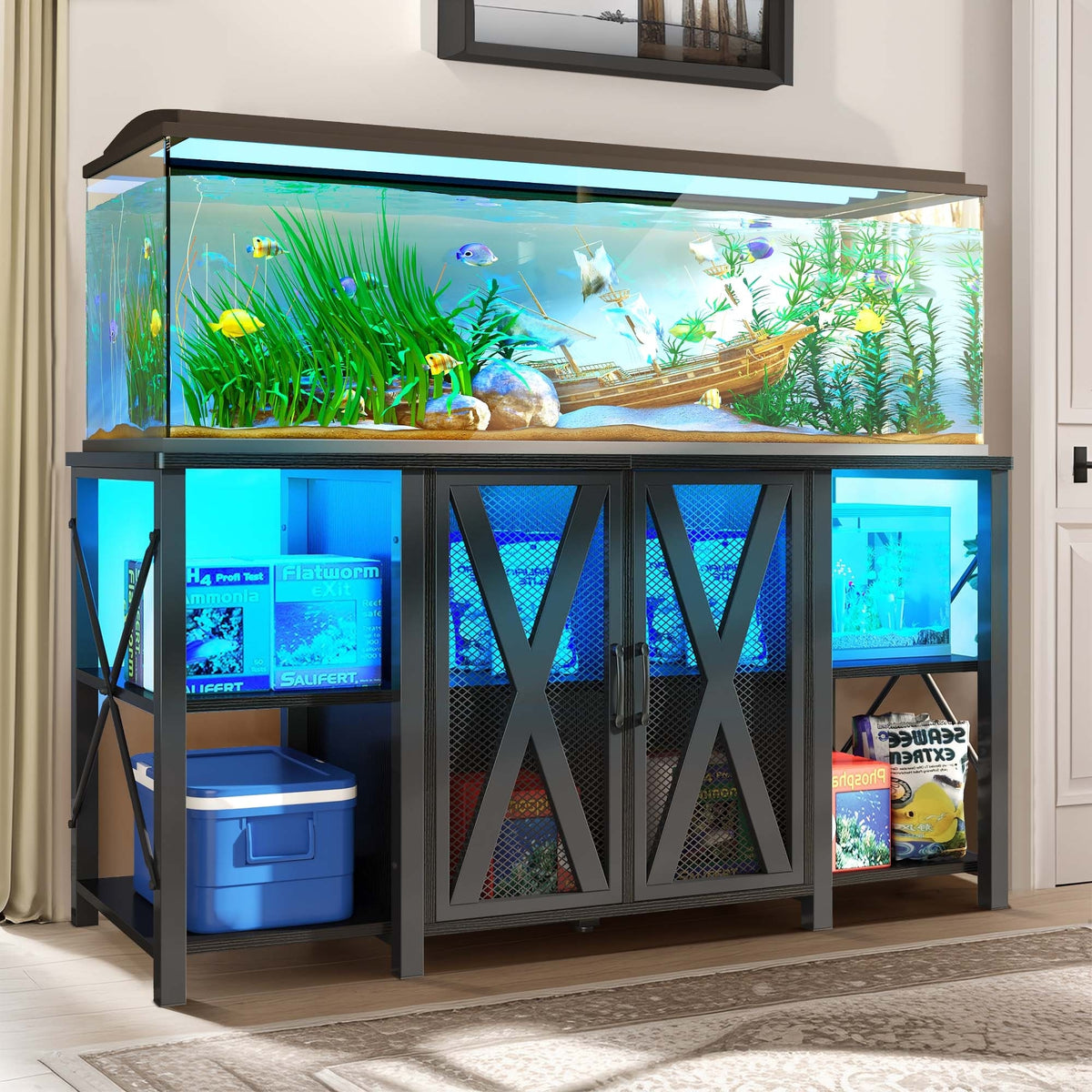 Moasis 75-120 Gallon Aquarium Stand with Power Outlet & LED Light,Heav ...