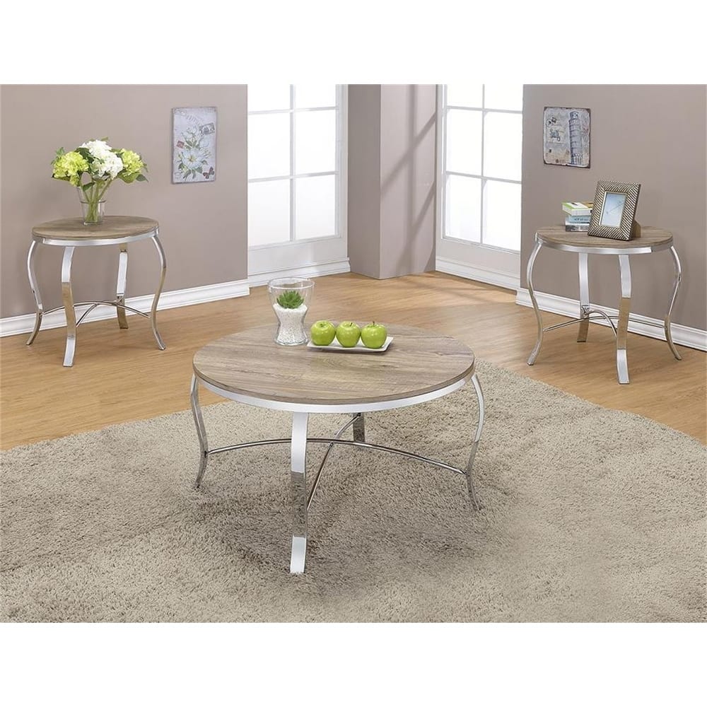 Modern Round Coffee/End Table Set In Weathered Light Oak & Chrome ...