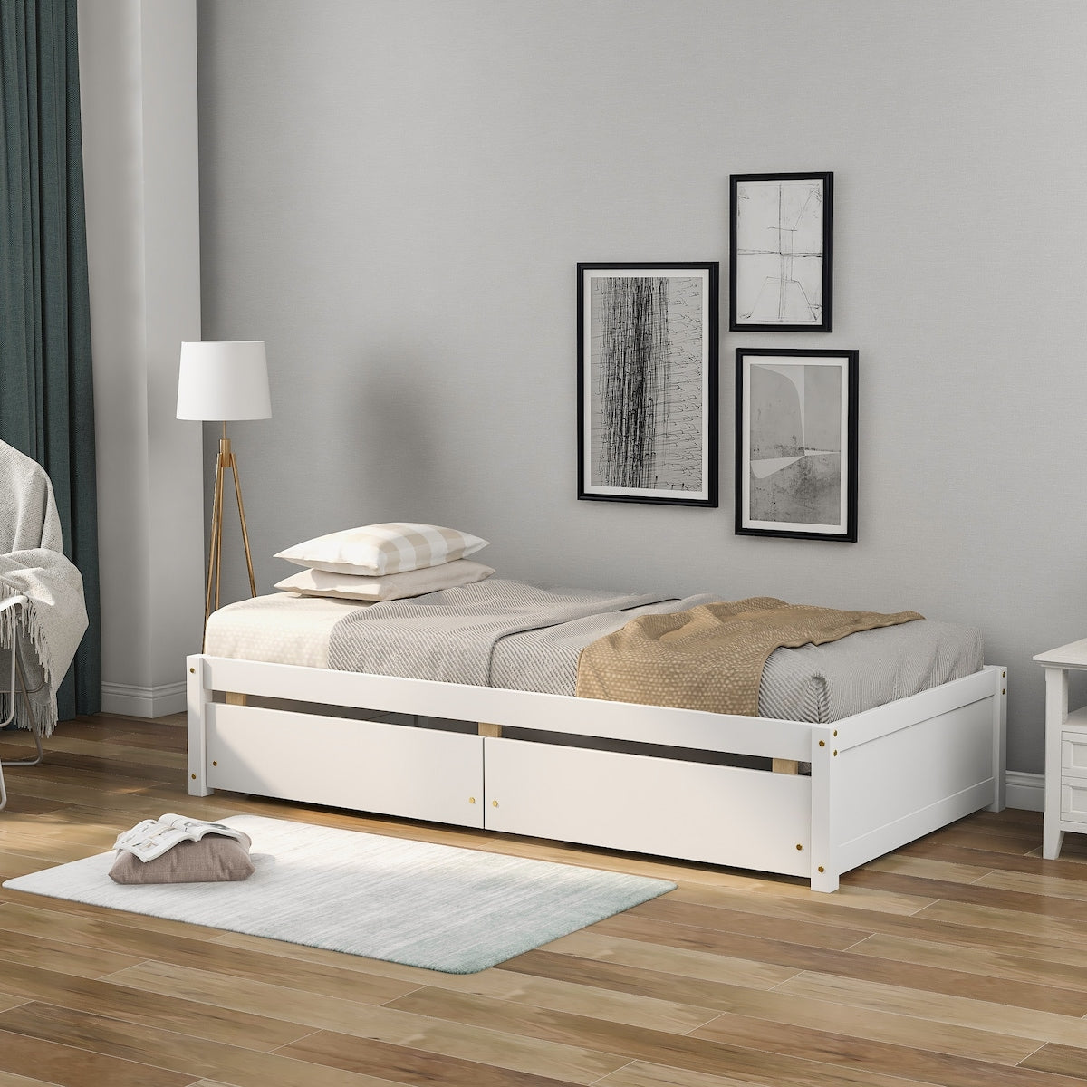 Solid Wood Twin Bed with 2 Pull-out Separate Storage Drawers, White ...