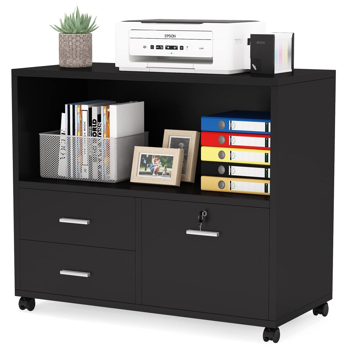 Filing Counter 3 Drawer File Cabinet with Lock, Mobile Lateral Filing Cabinet with Ro ...