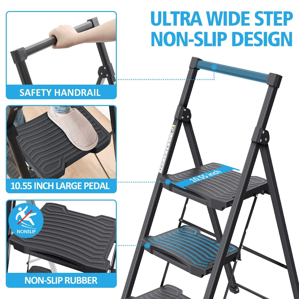 3 Step Ladder, Step Ladder 3 Step Folding with Anti-Slip Wide Pedal an ...