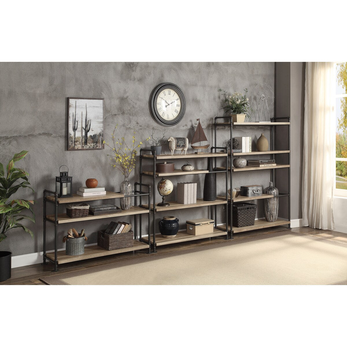 5 Tier Bookshelf Rustic Open Book Shelf, Wood and Metal Horizontal Boo ...
