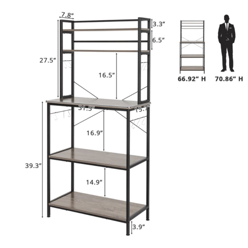 5Tier Kitchen Bakers Rack with 10 SShaped Hooks, Industrial Microwav