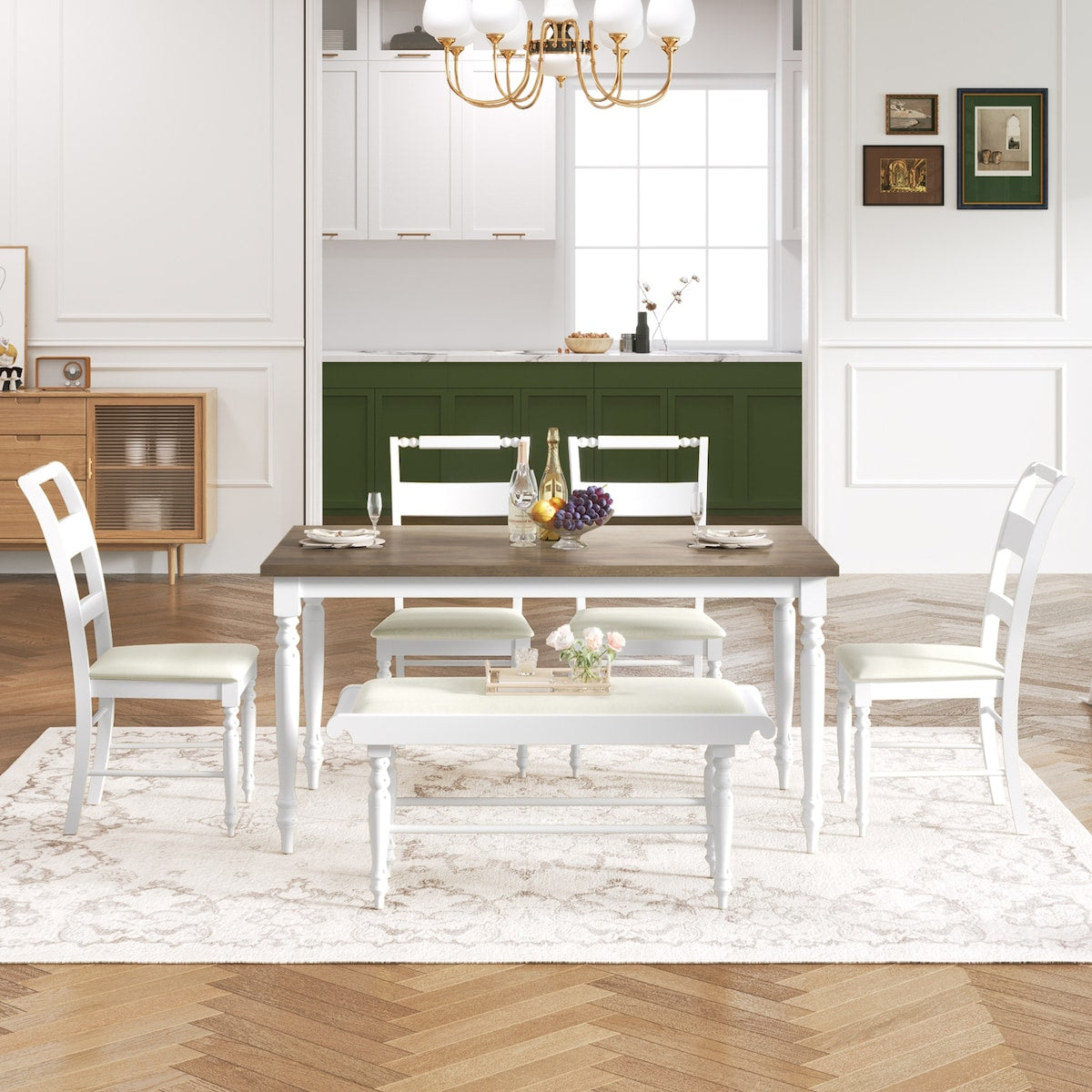 6-Peice Rectangular Dining Table Set with Upholstered Chairs & Bench ...