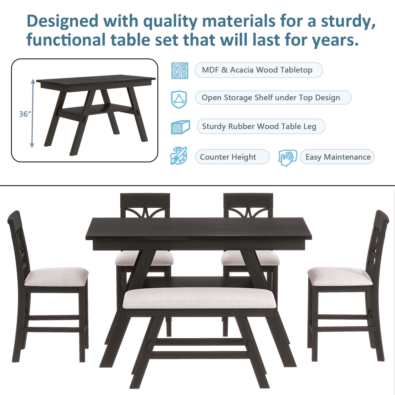 6-Piece Wood Counter Height Dining Table Set with Storage Shelf and Cu ...