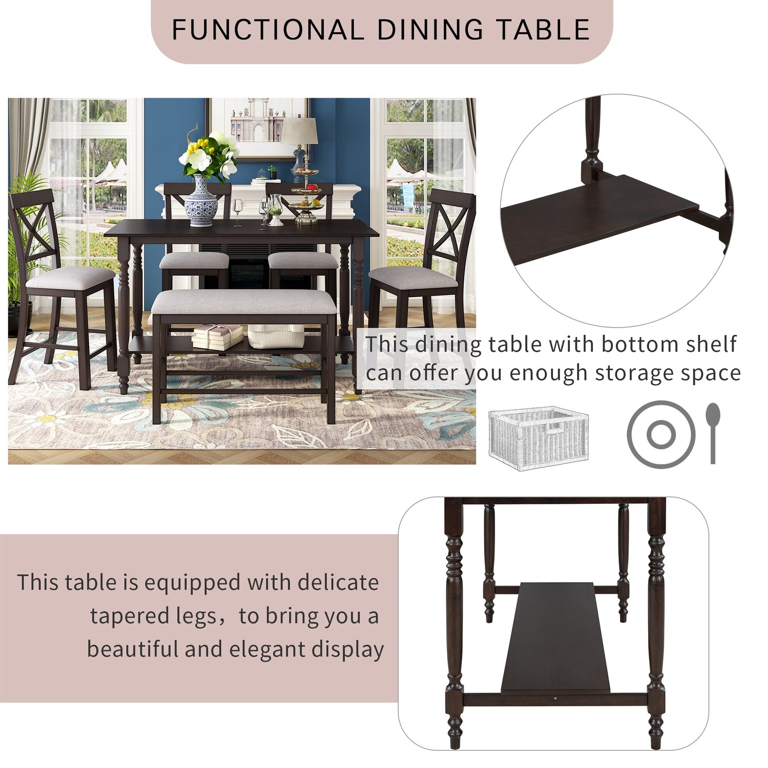 6-Pieces Counter Height Dining Table Set Table with Shelf 4 Chairs and ...