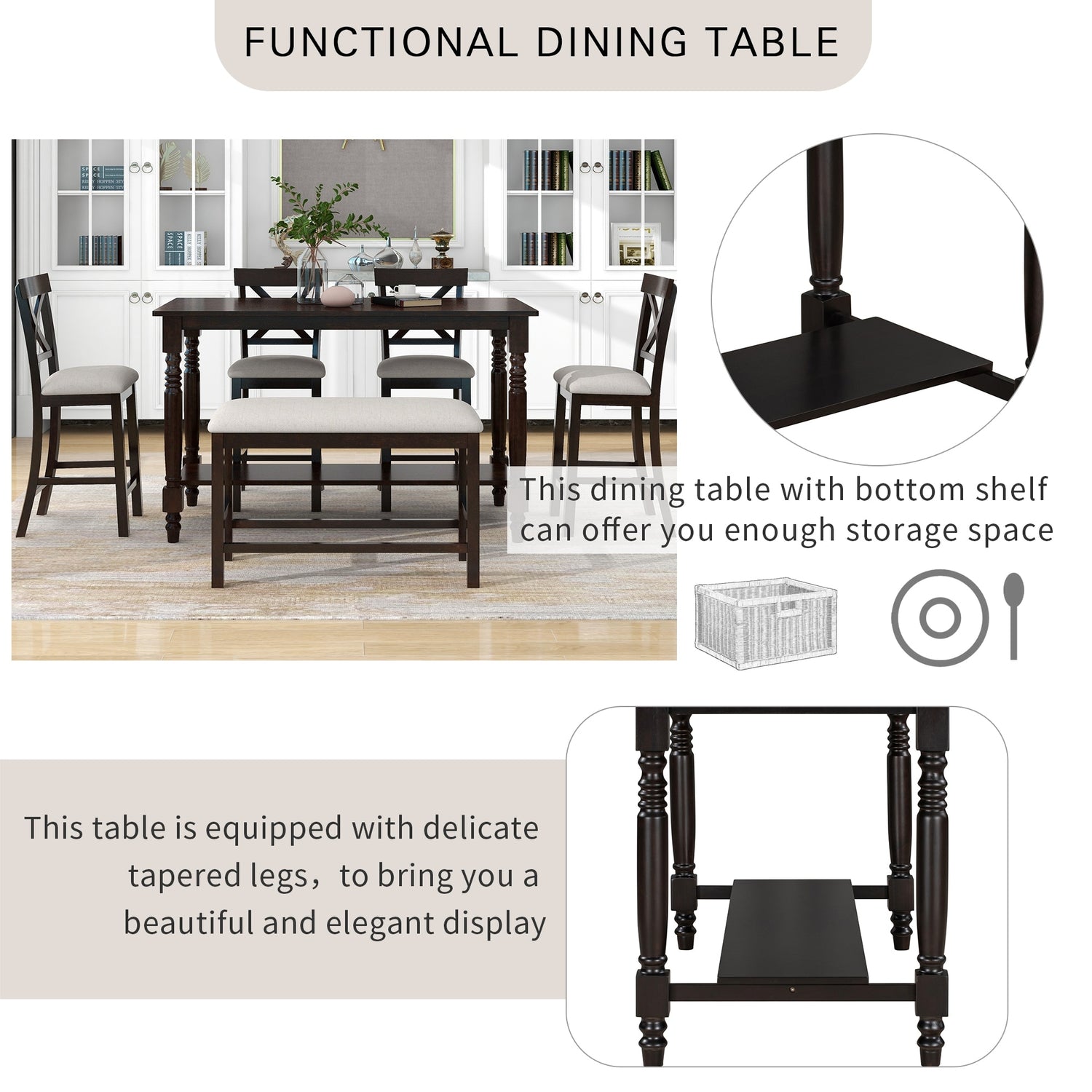 6-Pieces Counter Height Dining Table Set Table with Shelf 4 Chairs and ...