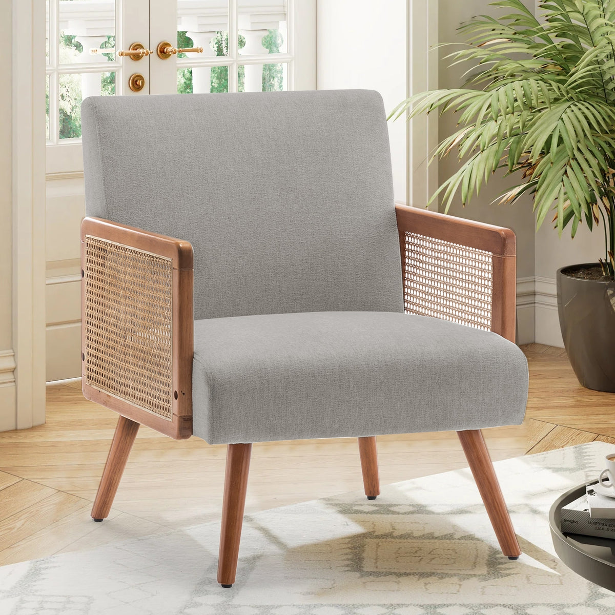 Accent Chair with Rattan Arms, Modern Accent Rattan Armchair for Livin ...