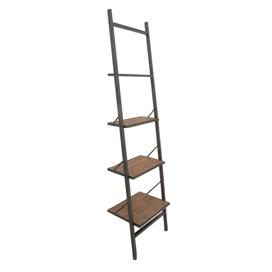 Brown Wood Metal Industrial Farmhouse Leaning Ladder 4 Shelf Storage - 20 x 14 x 77