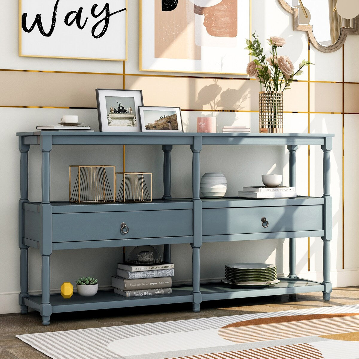 Setup Open Box Table Console Table with 3 Tier Open Storage Shelf and 2 Drawers – Overstock