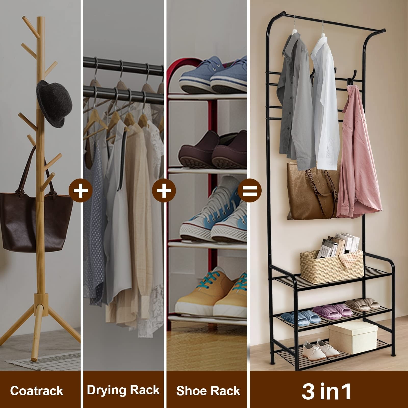 Coat and Shoe Rack Entryway, 3-in-1 Hall Tree with 3-Tier Shelf and 16 ...