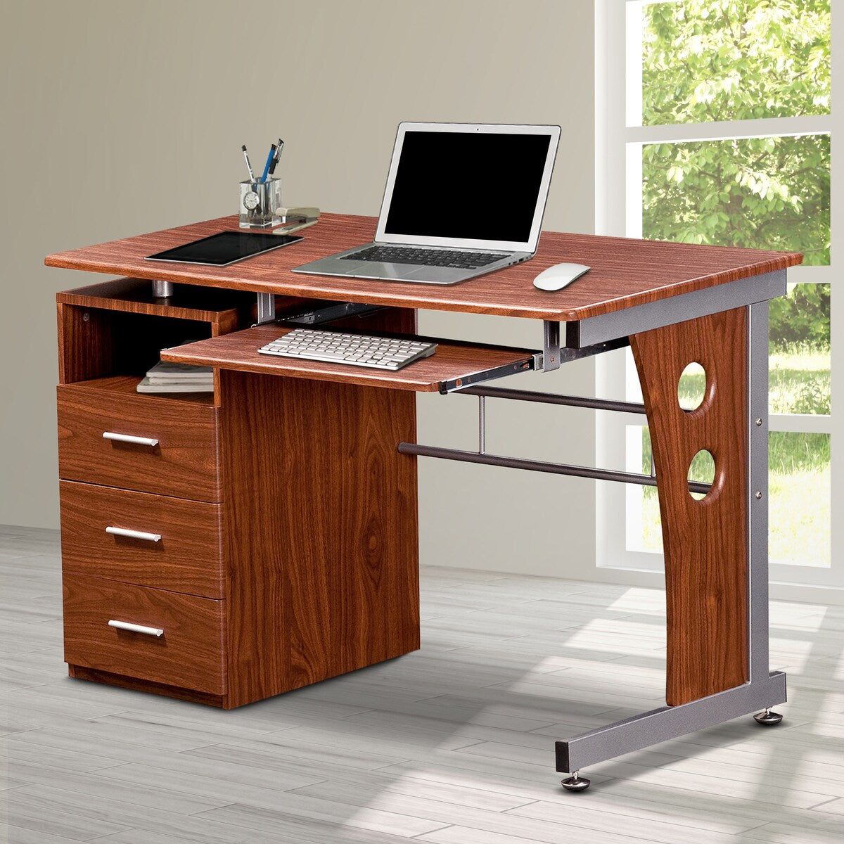 Computer Desk , Open Back Accessory Shelf , 3 Storage Drawers and Pull ...