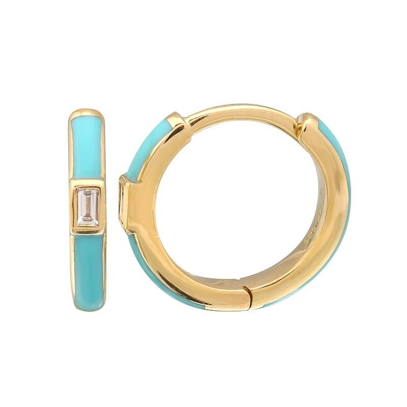 Joelle Diamond & Turquoise Enamel Huggie Hoop Earrings 14K Yellow Gold ...