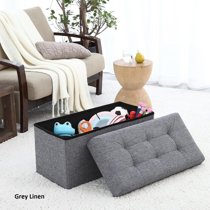 Foldable Tufted Linen Large Storage Ottoman Bench Foot Rest Stool/Seat - 15" x 30" x 15"