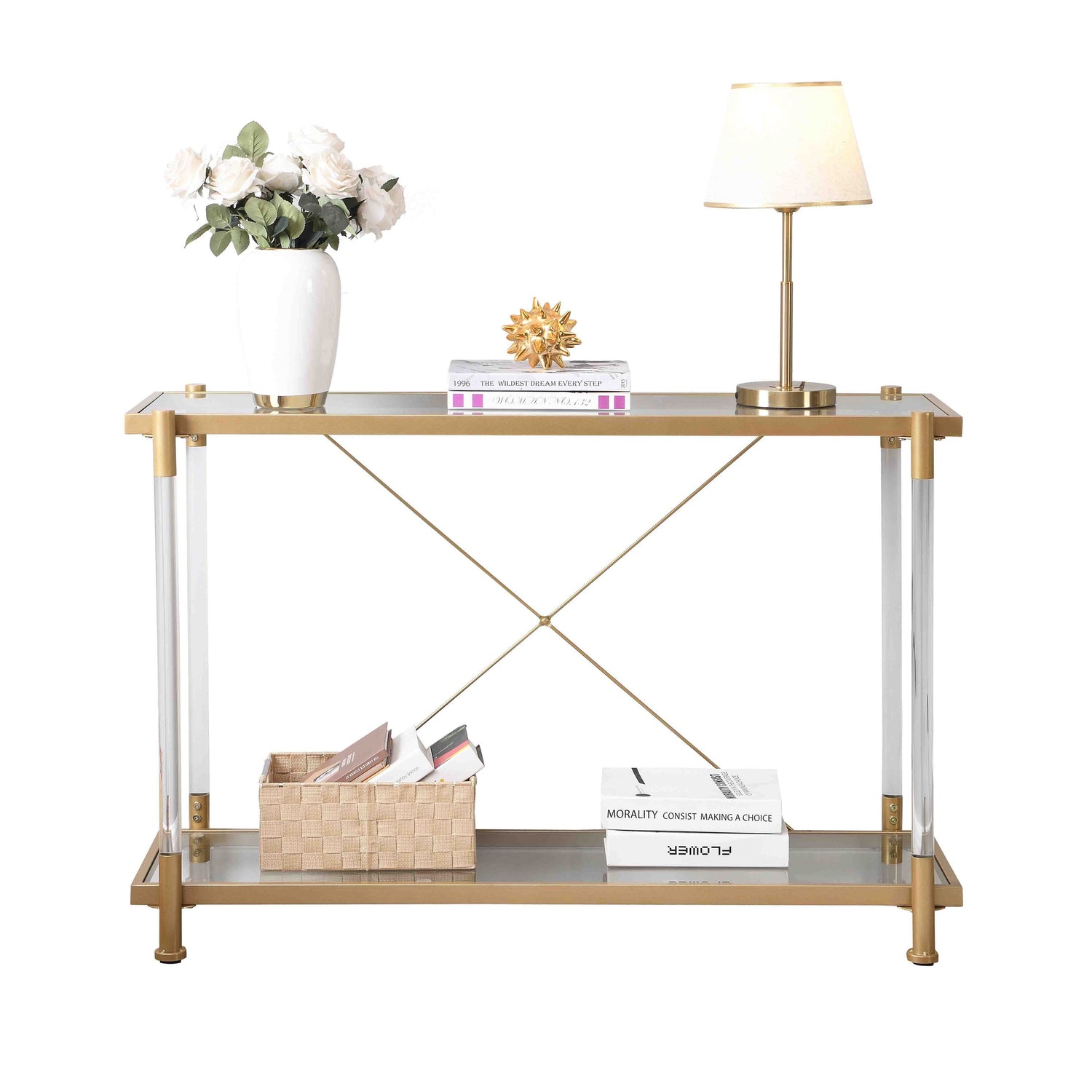 Golden 43.31'' Modern Metal and Acrylic Sofa Console Table, 2-Tier Gla ...