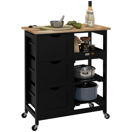 HOMCOM Rolling Kitchen Island Cart, Bar Serving Cart, Compact Trolley on Wheels with Wood Top, Shelves & Drawers for Home Dining
