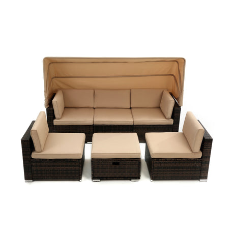 HOMEFUN Outdoor Rattan/Wicker Patio Rectangle/Round Sectional Cushioned Sofa with Retractable Canopy
