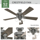 Hunter 52" Crestfield Ceiling Fan with LED Light Kit and Handheld Remote - Casual, Farmhouse, Transitional, Rustic