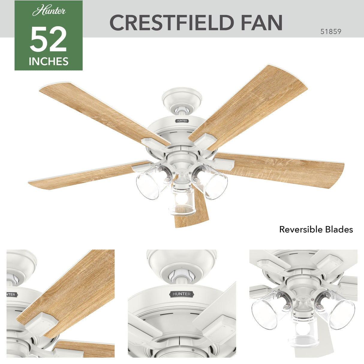 Hunter 52" Crestfield Ceiling Fan with LED Light Kit and Handheld Remote - Casual, Farmhouse, Transitional, Rustic