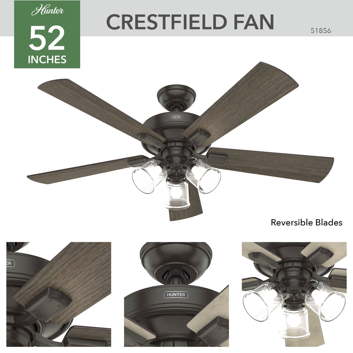 Hunter 52" Crestfield Ceiling Fan with LED Light Kit and Handheld Remote - Casual, Farmhouse, Transitional, Rustic