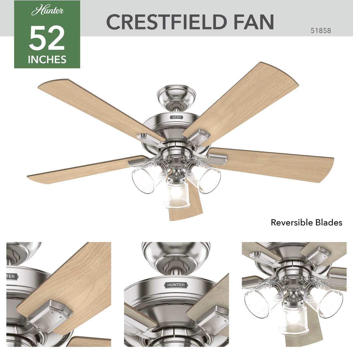 Hunter 52" Crestfield Ceiling Fan with LED Light Kit and Handheld Remote - Casual, Farmhouse, Transitional, Rustic