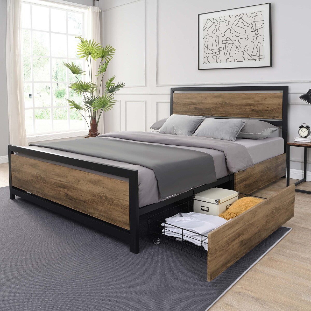 Industrial Wood Metal Bed Platform with 4 Storage Drawers, Full Size ...