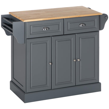 Kitchen Island with Storage, Rolling Kitchen Serving Cart with Rubber Wood Top, Storage Drawer and Cabinet