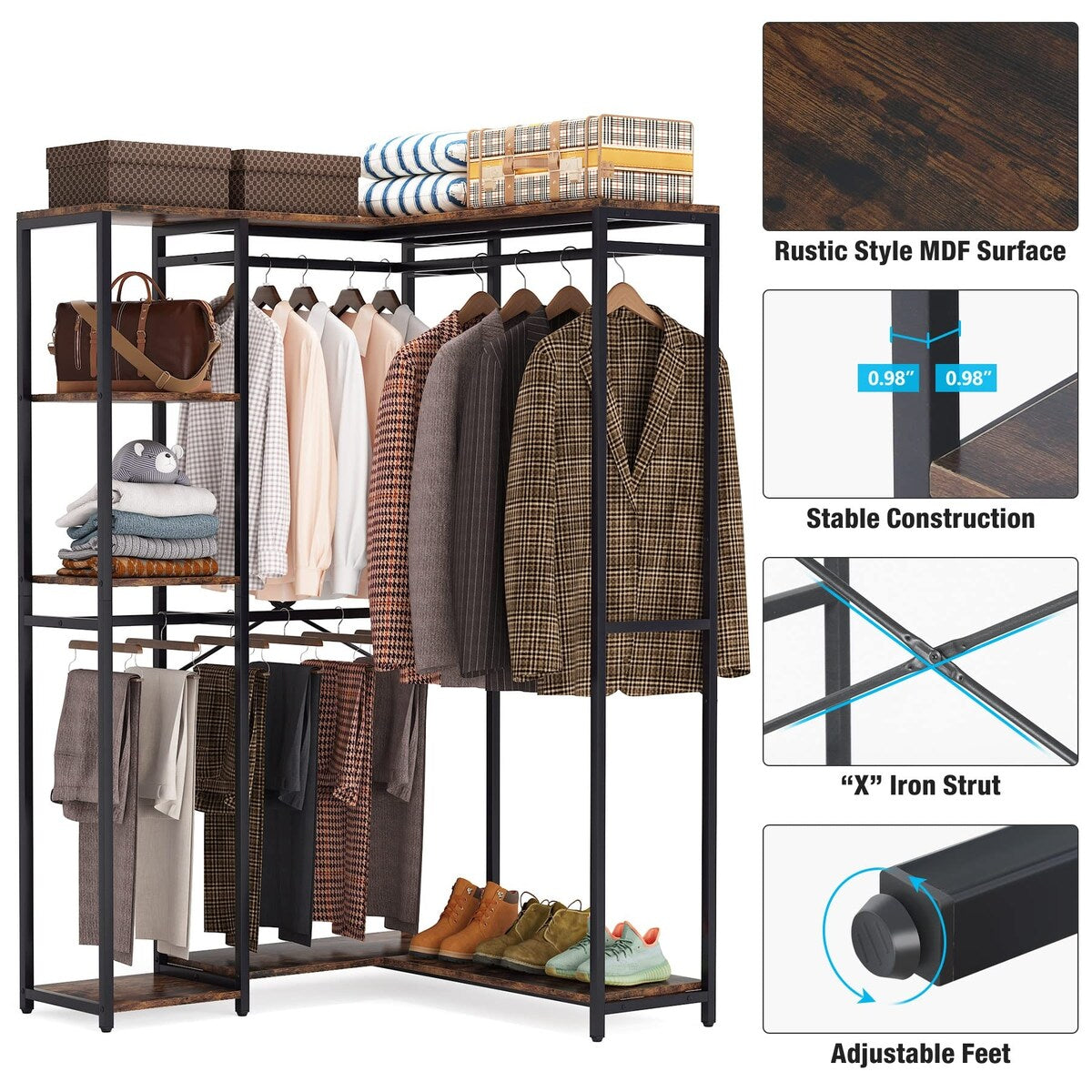 L-Shaped Clothes Rack, Garment Rack with Shelves and Hanging Rods, Fre ...
