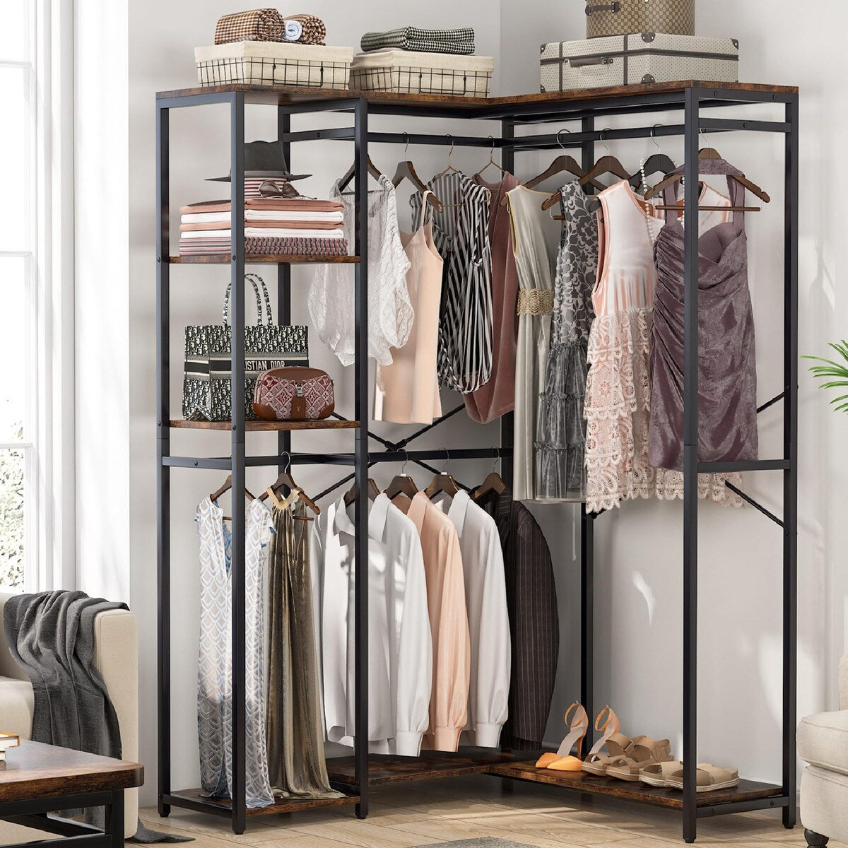 L-Shaped Clothes Rack, Garment Rack with Shelves and Hanging Rods, Fre ...