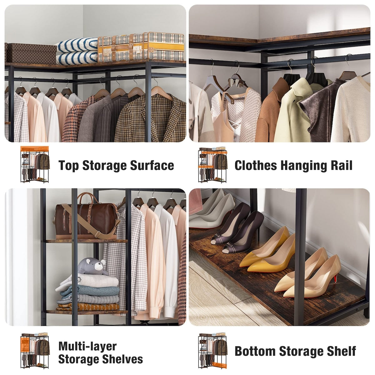 L-Shaped Clothes Rack, Garment Rack with Shelves and Hanging Rods, Fre ...