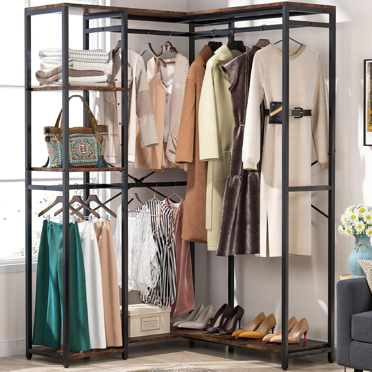 L-Shaped Clothes Rack, Garment Rack with Shelves and Hanging Rods, Fre ...