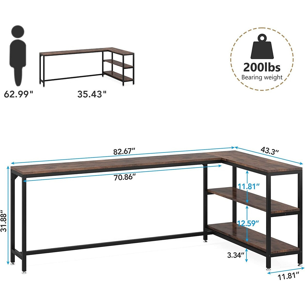 L Shaped Console Sofa Table, 82.67" Extra Long, 3-Tier Storage Shelves ...