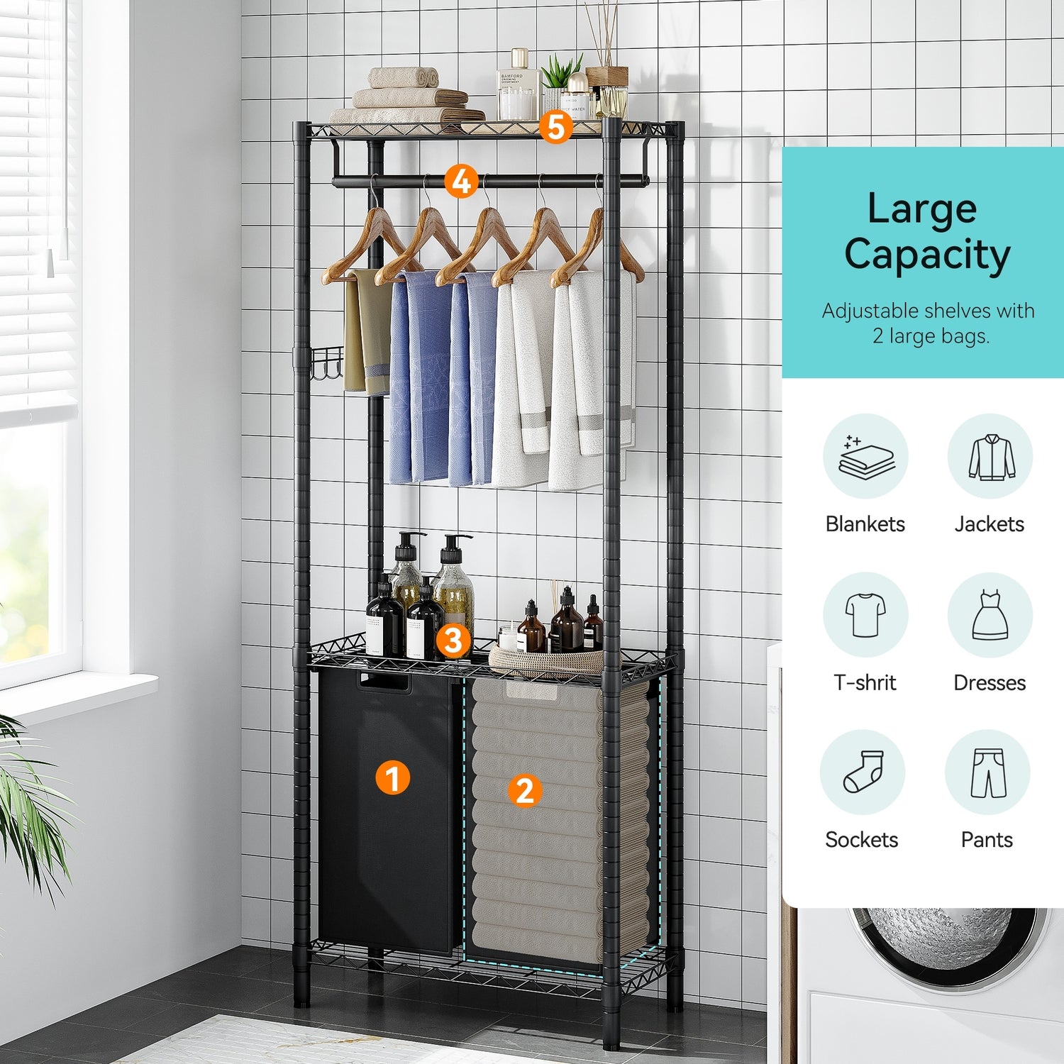 Laundry Hamper Sorter with Garment Rack Hanging Rod Storage Shelf