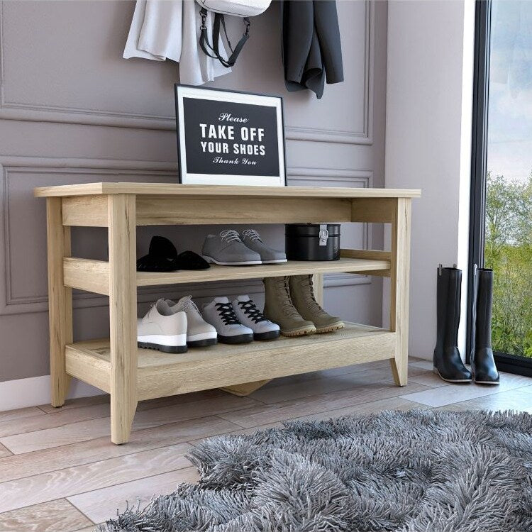 Open Shoe Bench Light Oak Shoe Bench with Two Open Shelves – Overstock