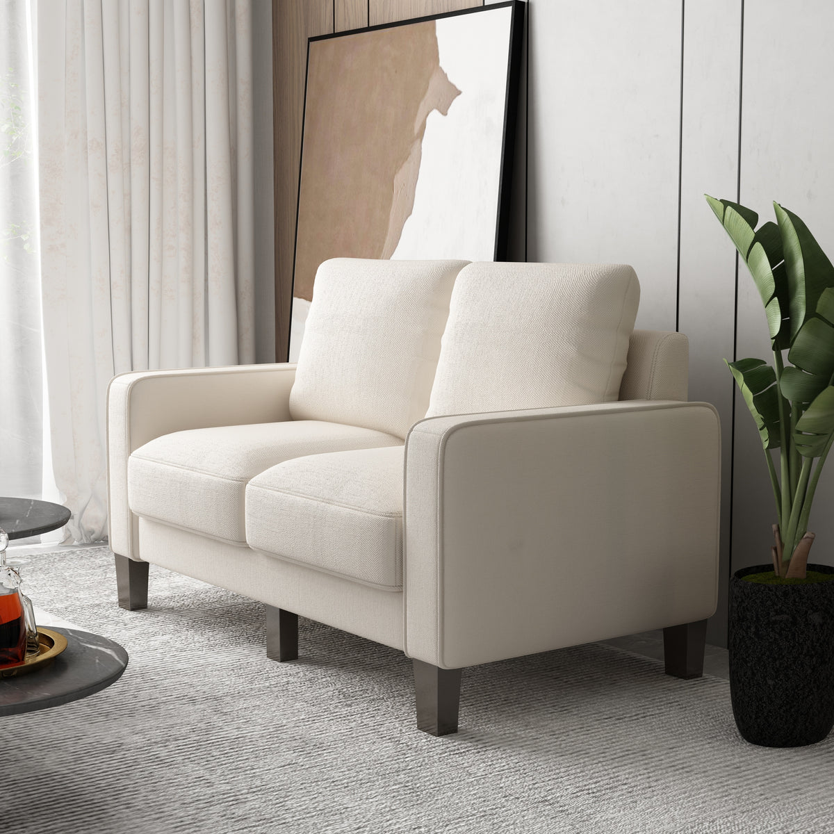 Living Room Bedroom Polyester Loveseat with Square Arm and 6 Solid Woo ...