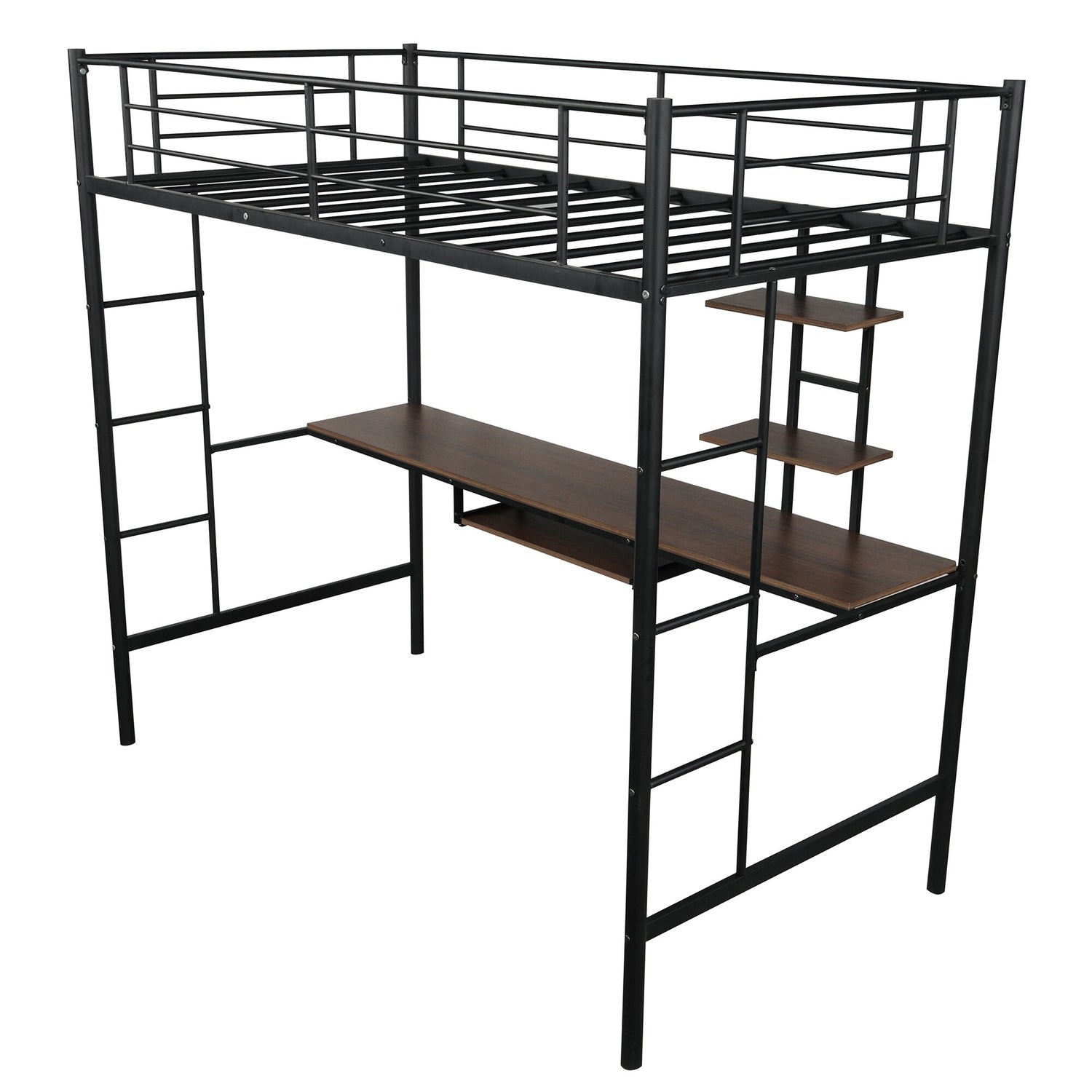 Modern Twin Size Metal Loft Bed with Desk & 2-Tier Bookshelves and Pus ...