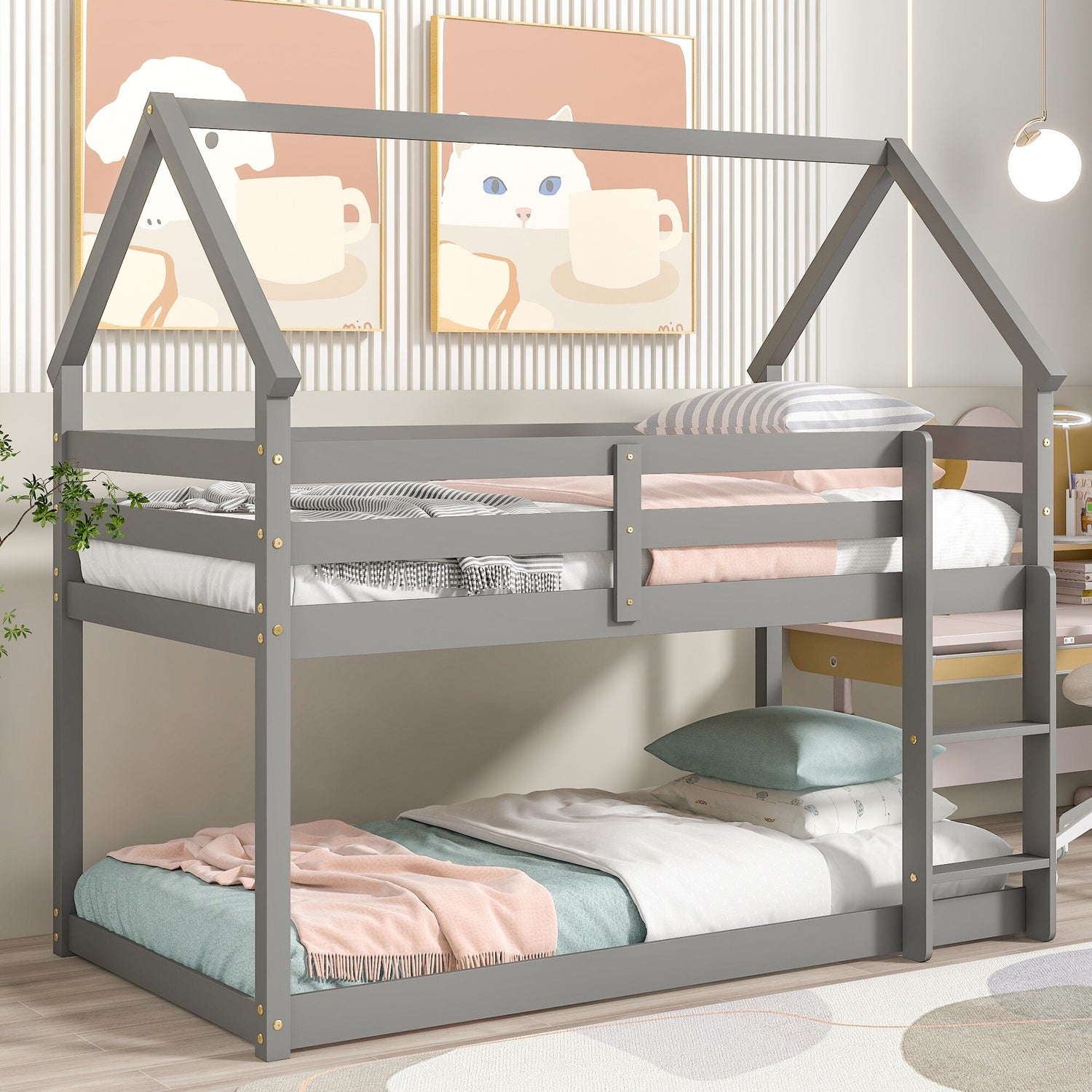 Low Bunk Bed Twin Over Twin, Floor House Bunk Bed with Roof and Safety ...