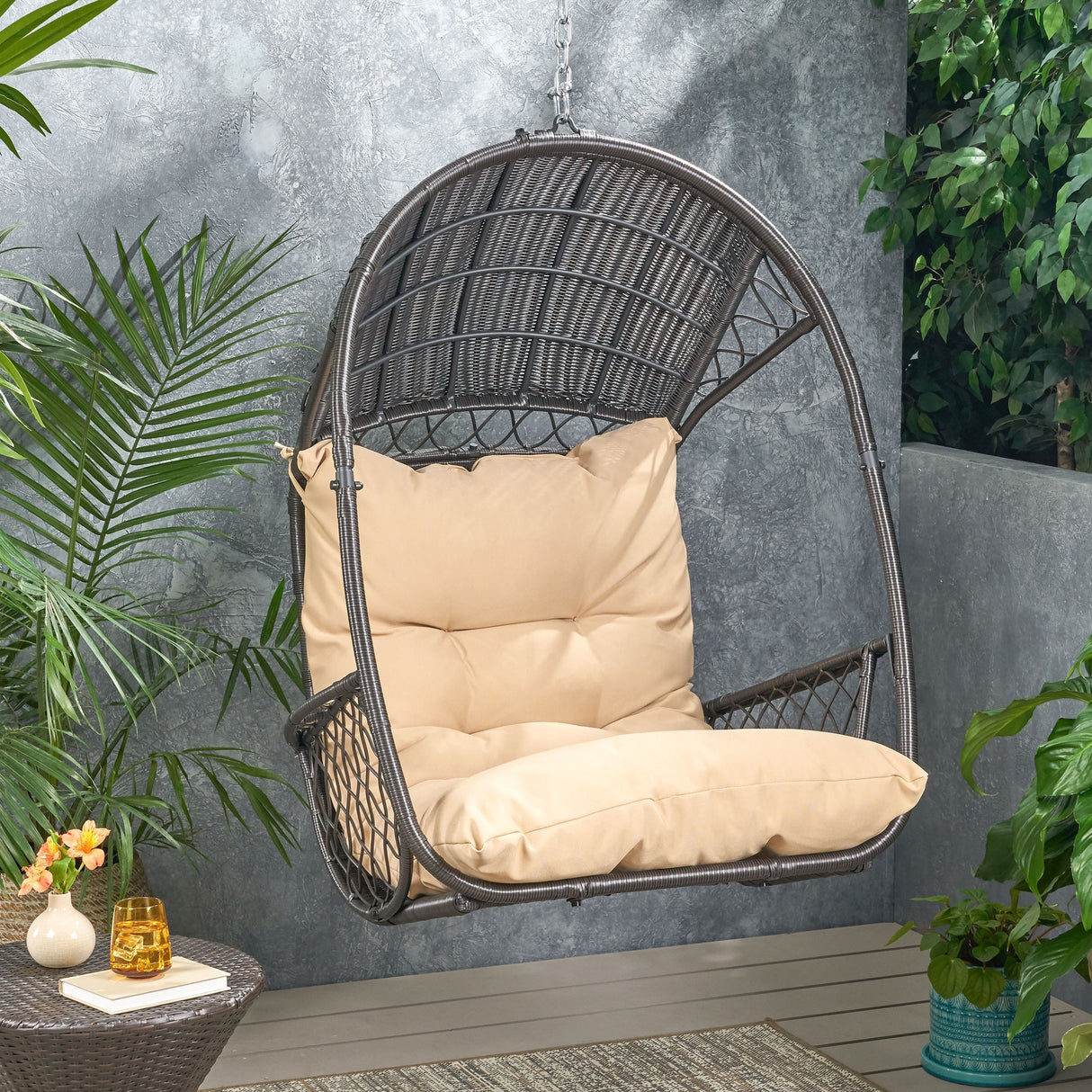 Malia Outdoor/Indoor Wicker Hanging Chair with Cushion (Stand Not Included) by Christopher Knight Home