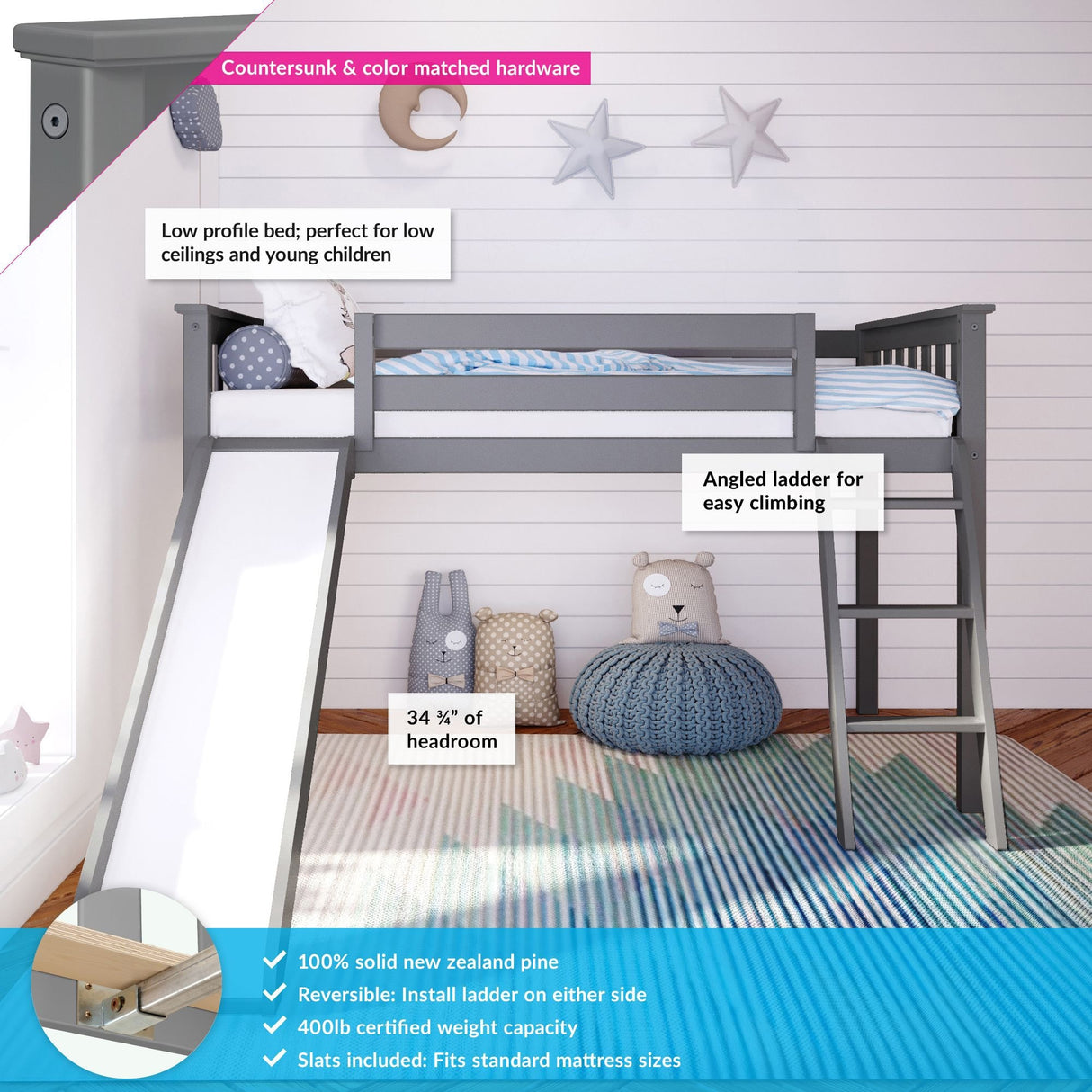 Max and Lily Twin Size Low Loft with Slide