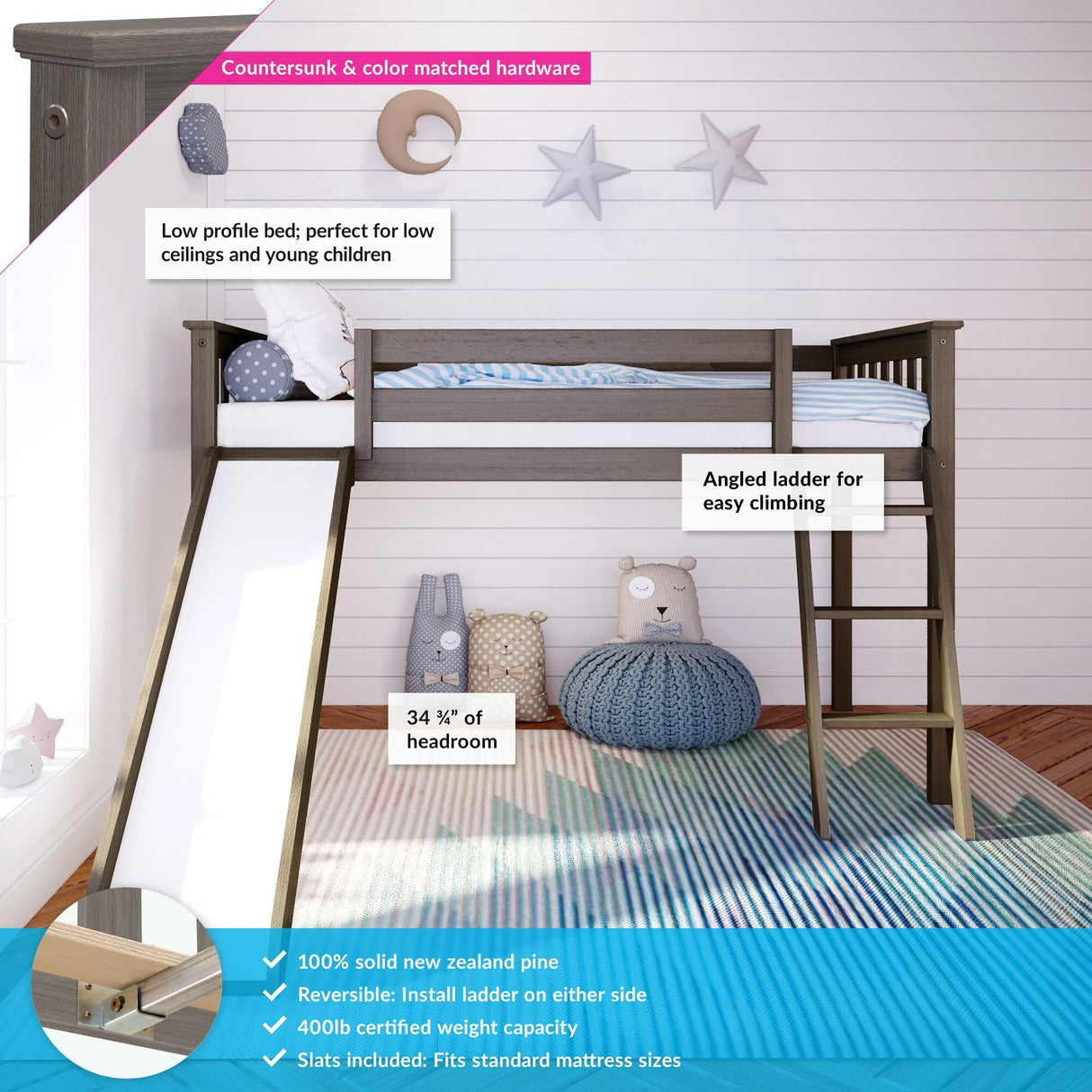 Max and Lily Twin Size Low Loft with Slide