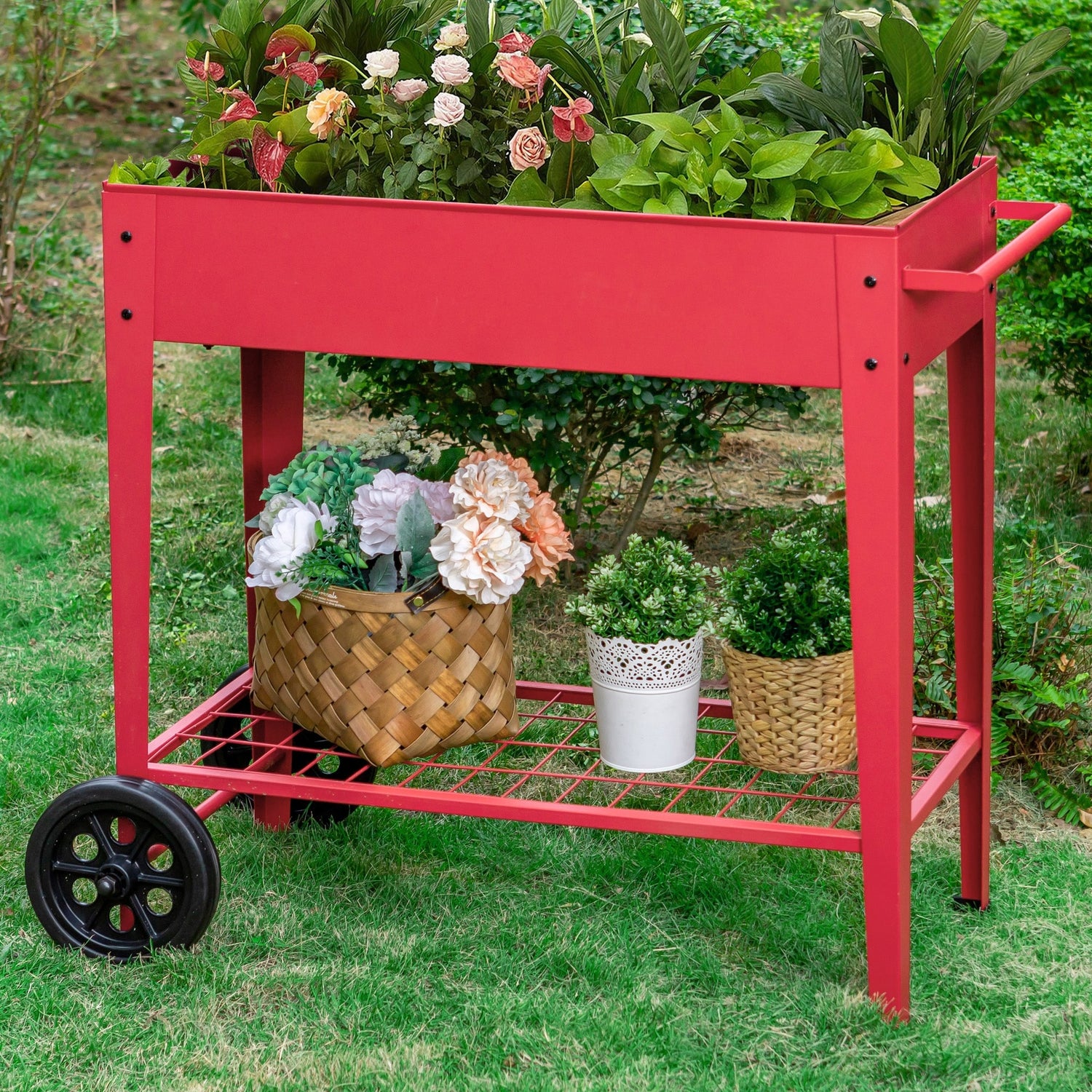 Metal Raised Planter Box with Legs Outdoor Elevated Garden Bed On Whee ...