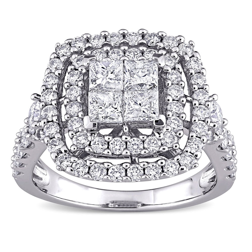 Miadora 14k White Gold 2ct TDW Princess-cut Quad Diamond Double Halo Engagement Ring