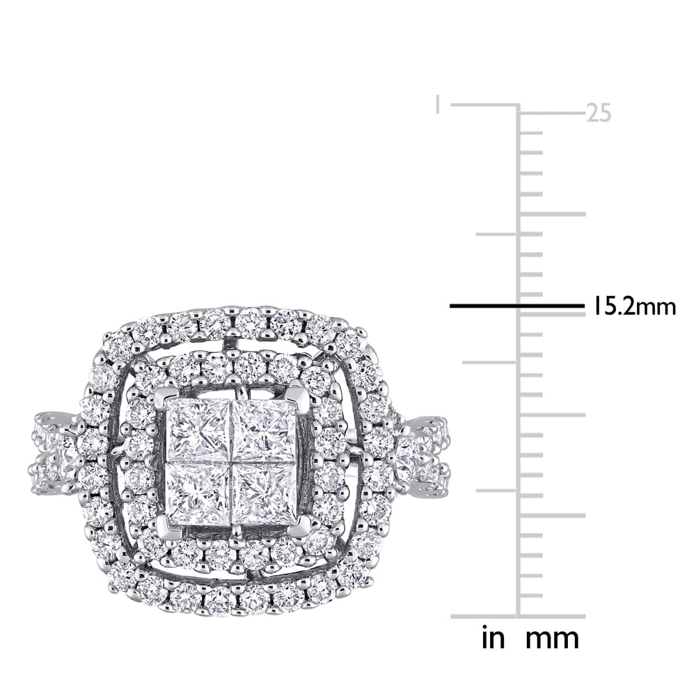 Miadora 14k White Gold 2ct TDW Princess-cut Quad Diamond Double Halo Engagement Ring