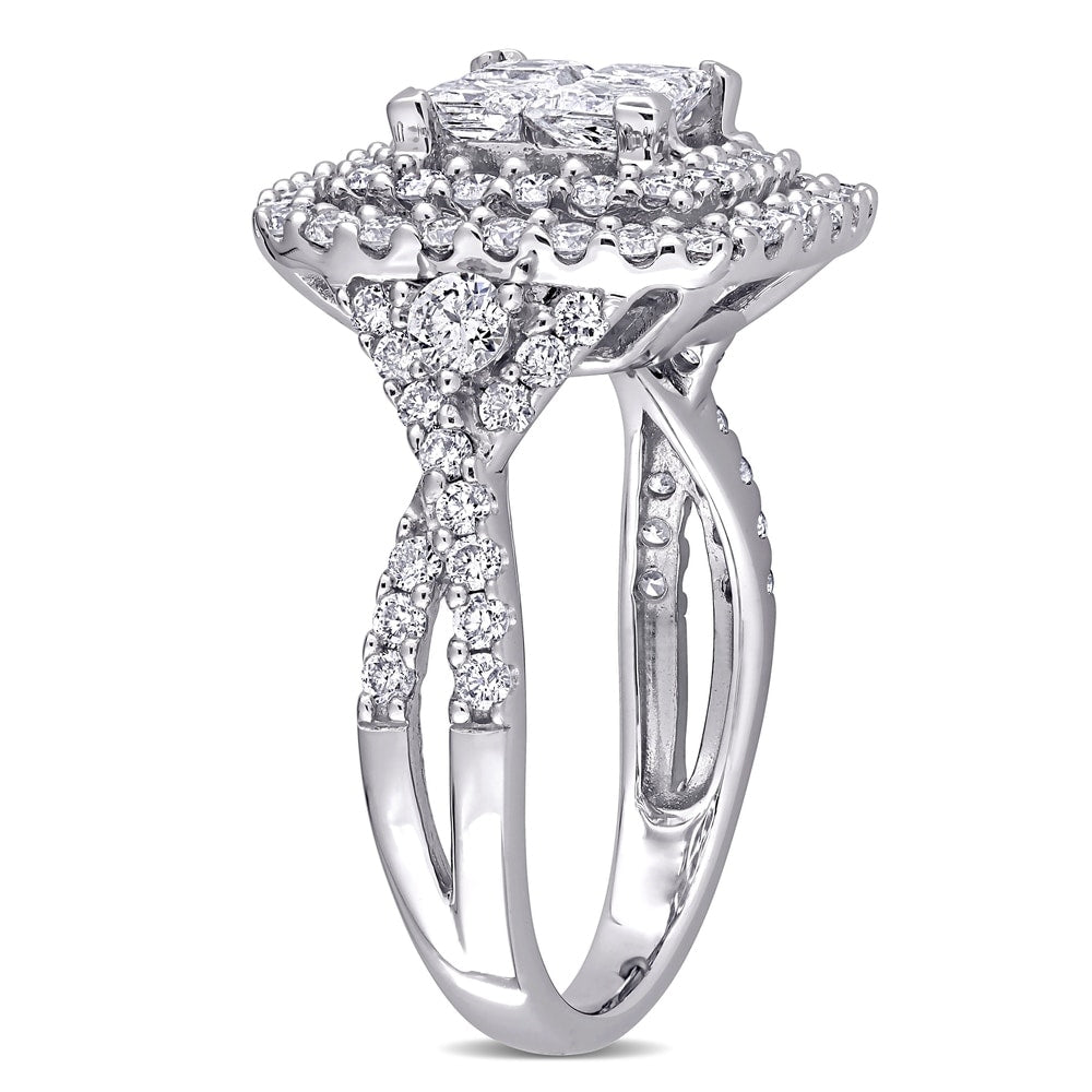 Miadora 14k White Gold 2ct TDW Princess-cut Quad Diamond Double Halo Engagement Ring